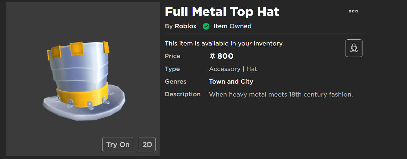 продажа предметов, вещей Metal top hat - Предметы, вещи в Roblox